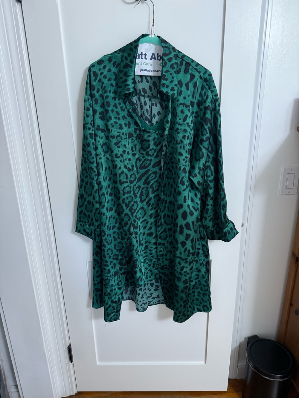 Dressed in LALA Green Leopard Satin Mini Slip Dress and Button Down